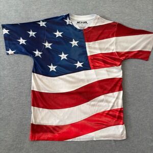 Get A Life Men Large American Flag All Over Print T-Shirt Patriotic USA Red Blue